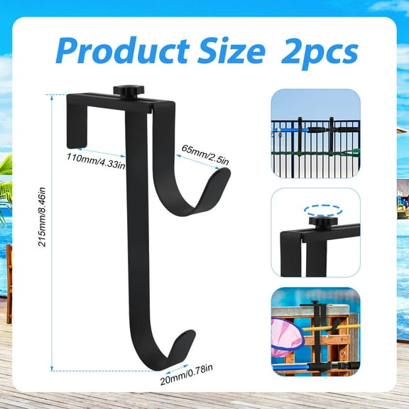 2 PCS Double Pool Pole Hooks for Hanging, Adjustable Thickened Panel Rustproof Pool Fence Hooks Metal Equipment Hooks for Hanging Pool Tool Swimming Pool Accessories for Pool Fence, Skimmer, Wall