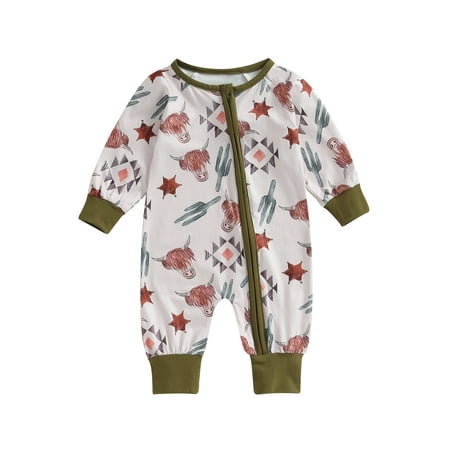 

Western Infant Baby Girls Boys Casual Crew Neck Cow Zipper Jumpsuit Long Sleeve Cattle Head Print Romper Fall Clothes