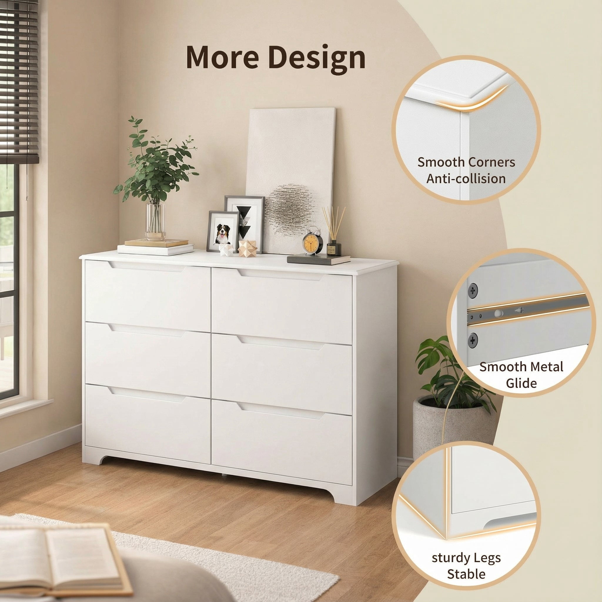 6 Drawer Double Dresser,&nbsp;Modern Wide Wooden&nbsp;Chest of Drawers with&nbsp;Cut-Out Handles,&nbsp;Anti-Tip Design,&nbsp;Closet Storage and TV Stand for Living Room, Hallway, White