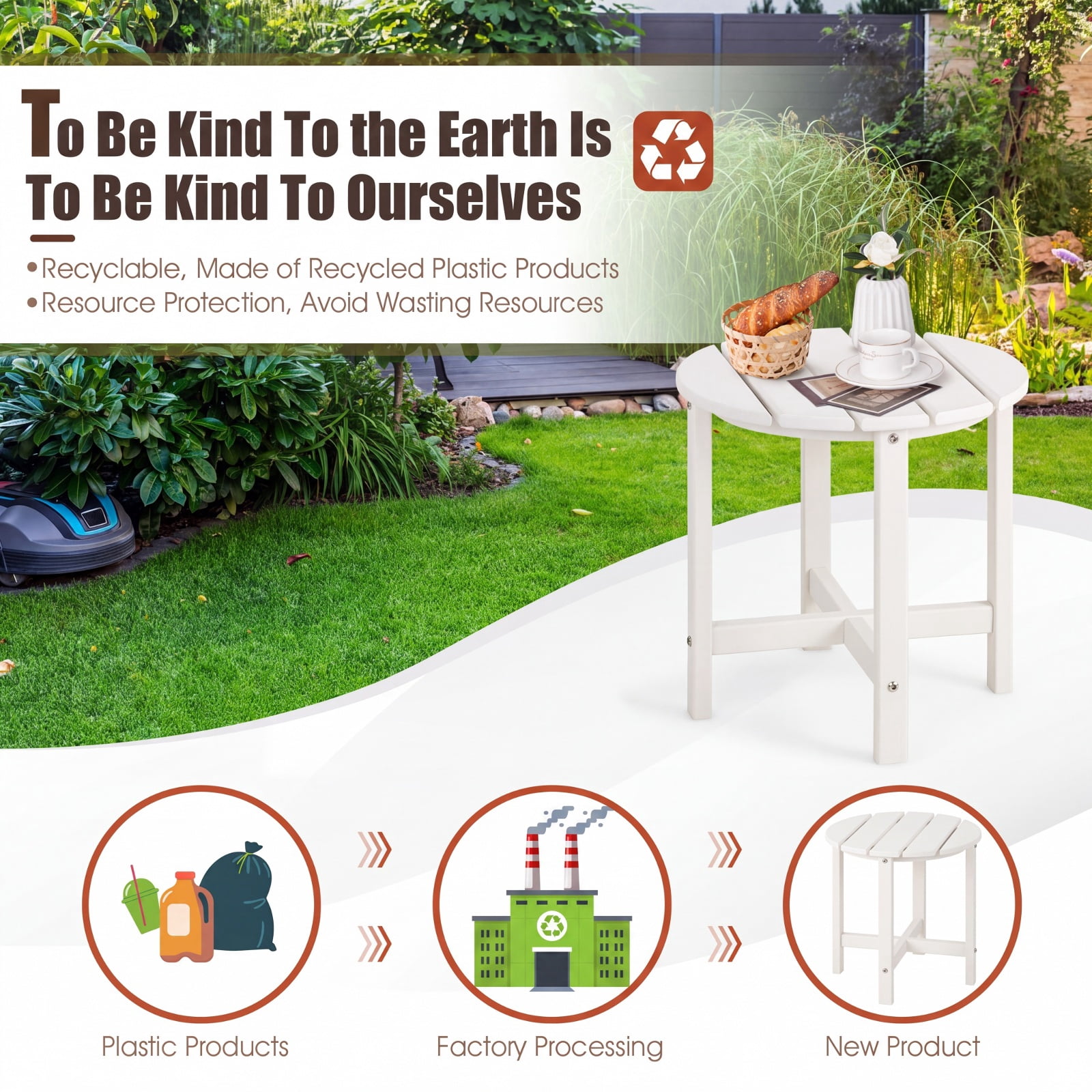 Furnibear 18 Inch Round Weather Resistant Adirondack Outdoor Side Table with Slatted Top for Patio Deck and Garden Seating, White