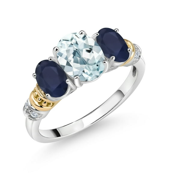 Gem Stone King 925 Sterling Silver and 10K Yellow Gold Oval Sky Blue Aquamarine Blue Sapphire and White Diamond 3 Stone Ring for Women (2.34 Cttw, Gemstone March Birthstone, Size 5)