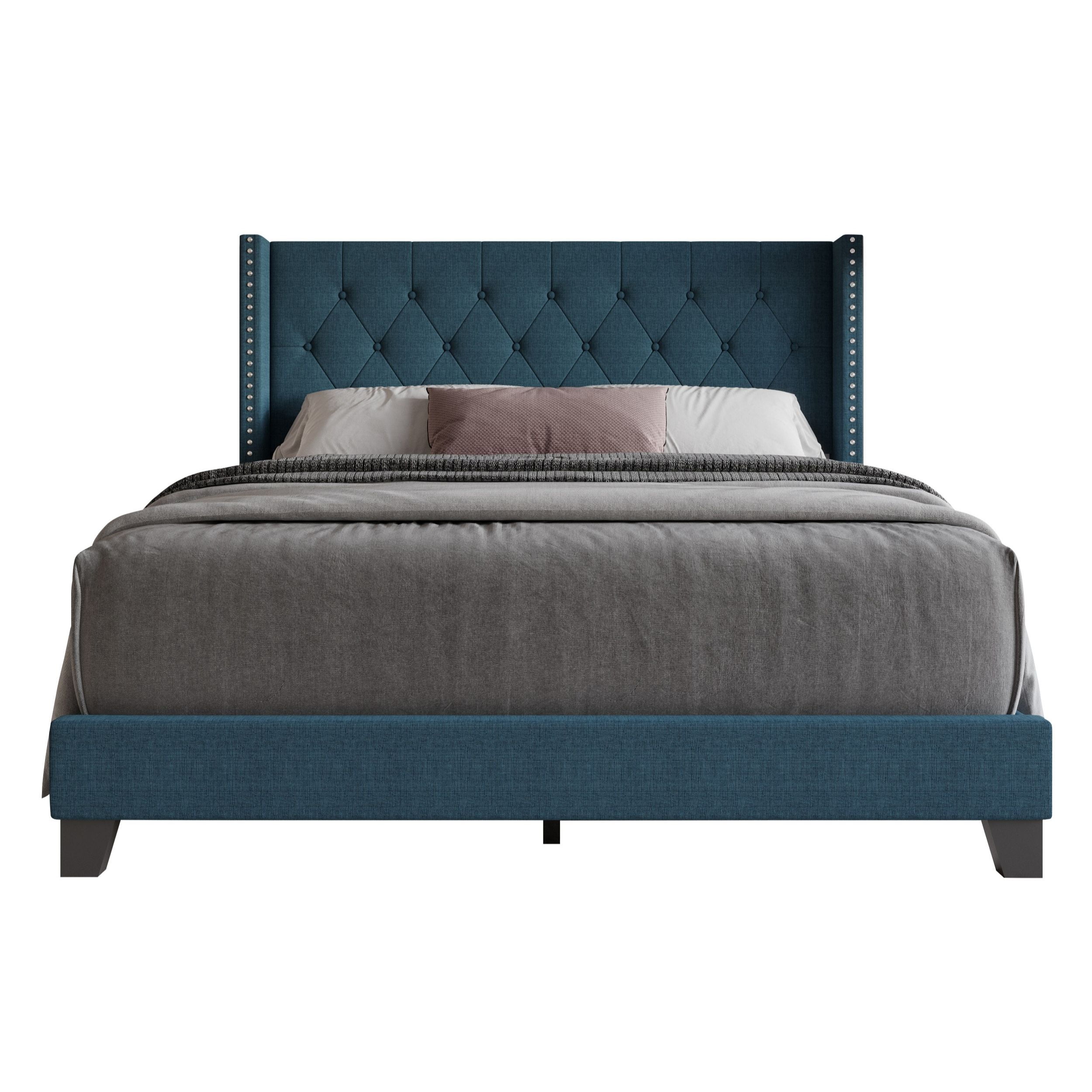 Home Design Homer King Button-Tufted Wingback Upholstered Panel Bed Frame with Nailhead Trim design for Adult, Denim Blue, Easy Assembly