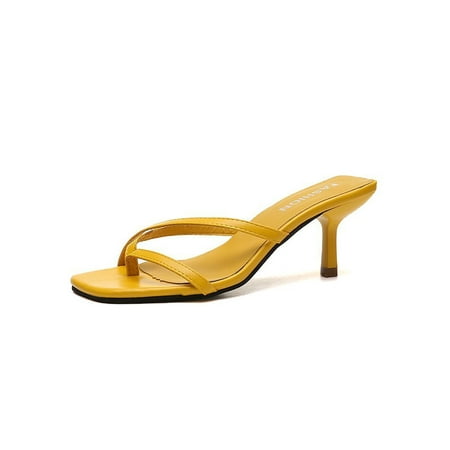 

Ritualay Women Slides Slip On Heeled Sandals Summer Flip-flops Breathable Lightweight Casual Shoes Party Daily Square Toe Slippers Yellow 4