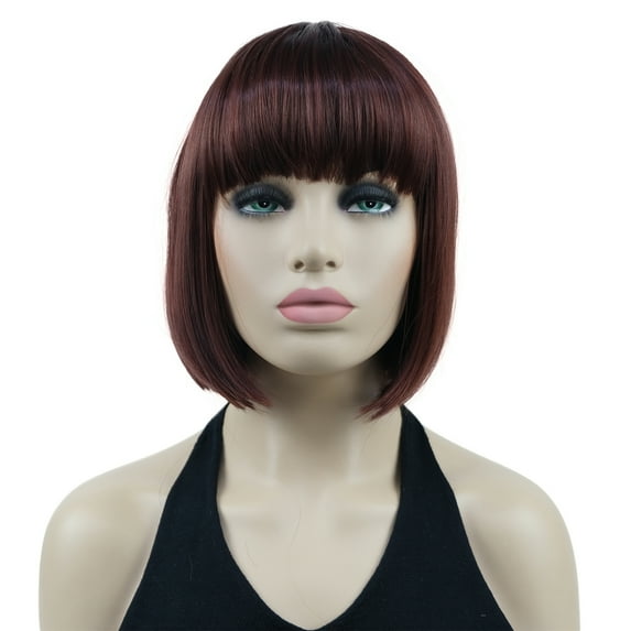 Short Bob Wig with Flat Bangs for Lady Women, Straight Synthenic Wigs for Cosplay Daily Party, 8 inch, Dark Auburn