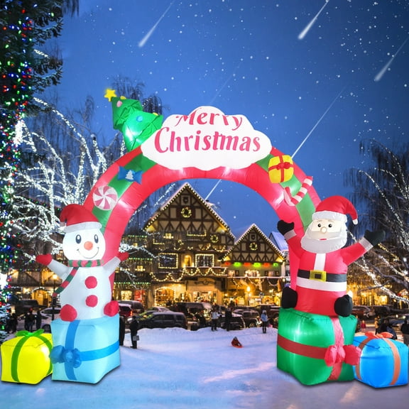 12.5FT Christmas Inflatables Archway, Inflatable Santa Claus and Snowman Sitting on Gift Boxes, Christmas Arch Blow Up Yard Decorations and LED Lights Built-in for Party Indoor, Outside, Garden, Lawn