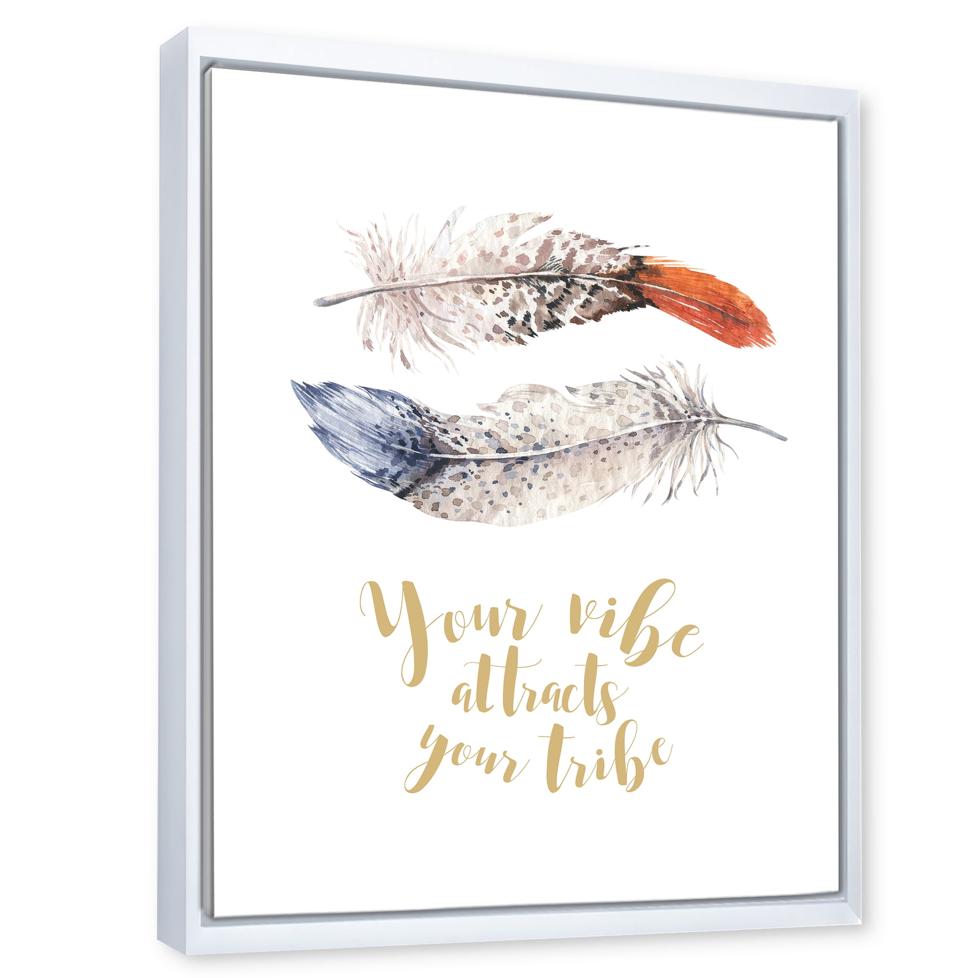 Your VIbe Attracts Your Tribe Two Feathers 24 in x 32 in Framed Painting Canvas Art Print, by Designart