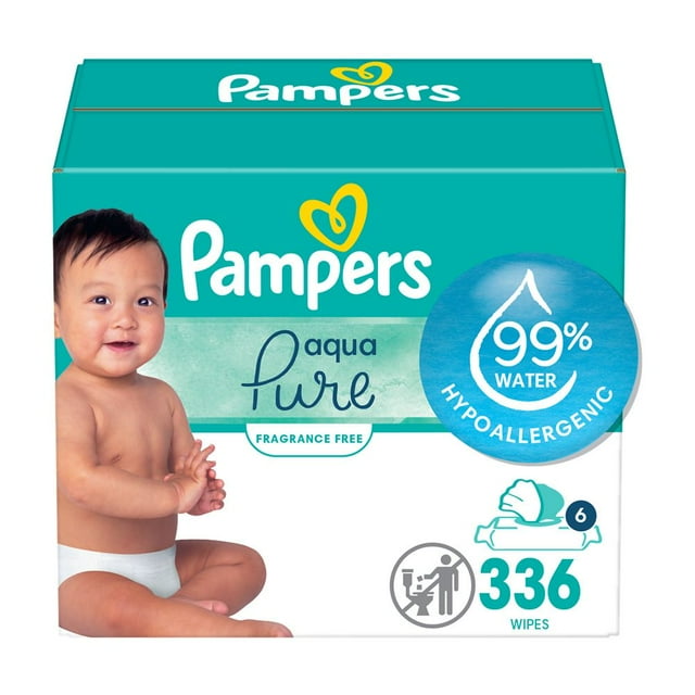 Pampers Aqua Pure Baby Wipes, 99% Water, Fragrance Free, Baby Wipes Total, 6 Flip-Top Packs ( 336 wipes Total)