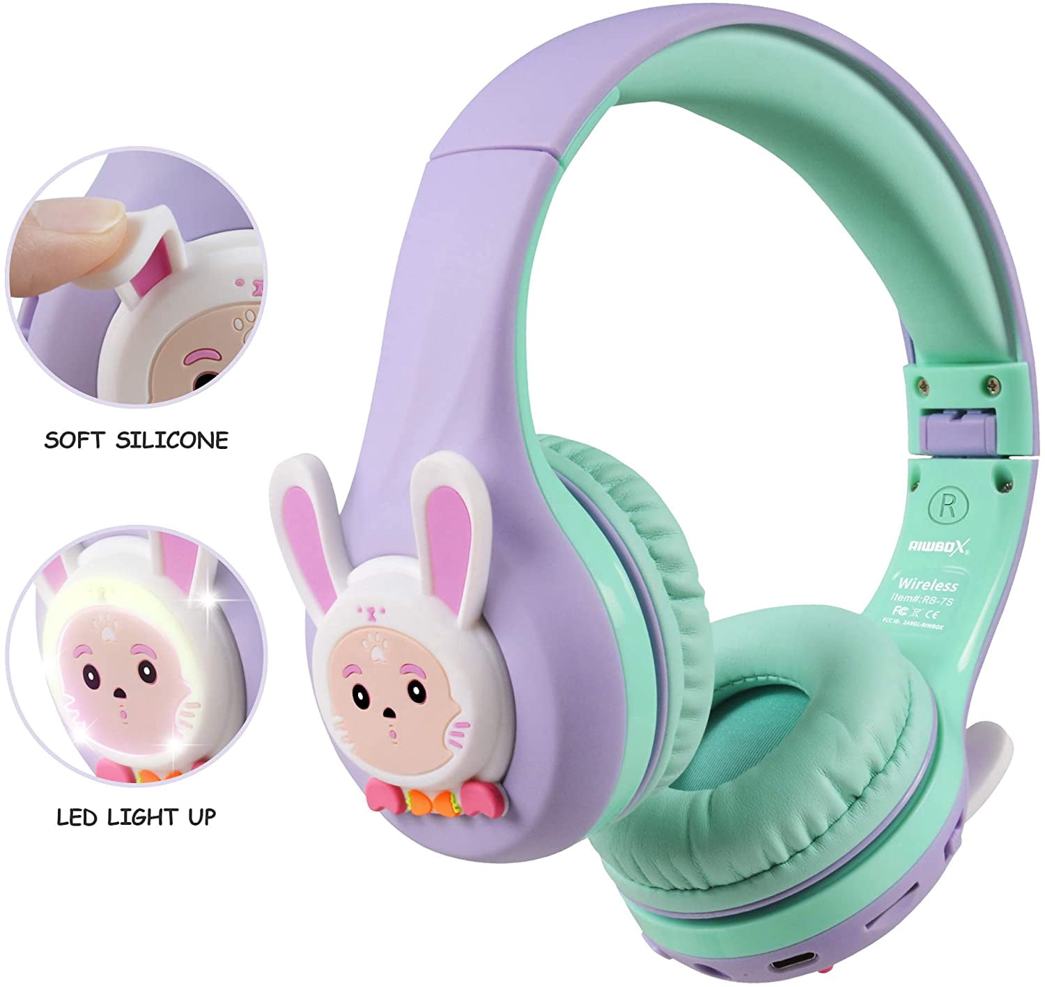 Riwbox RB-7S Rabbit Kids Headphones Wireless, LED Light Up Bluetooth Over Ear Headset Volume Limited Safe 75dB/85dB/95dB with Mic and TF-Card, Children Headphones for Girls Boys (Purple&Green)