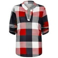 thumbnail image 2 of Womens Basic Casual V Neck Plaid Print Cotton Cuffed Long Sleeve Work Tops Blouses Shirts, 2 of 5