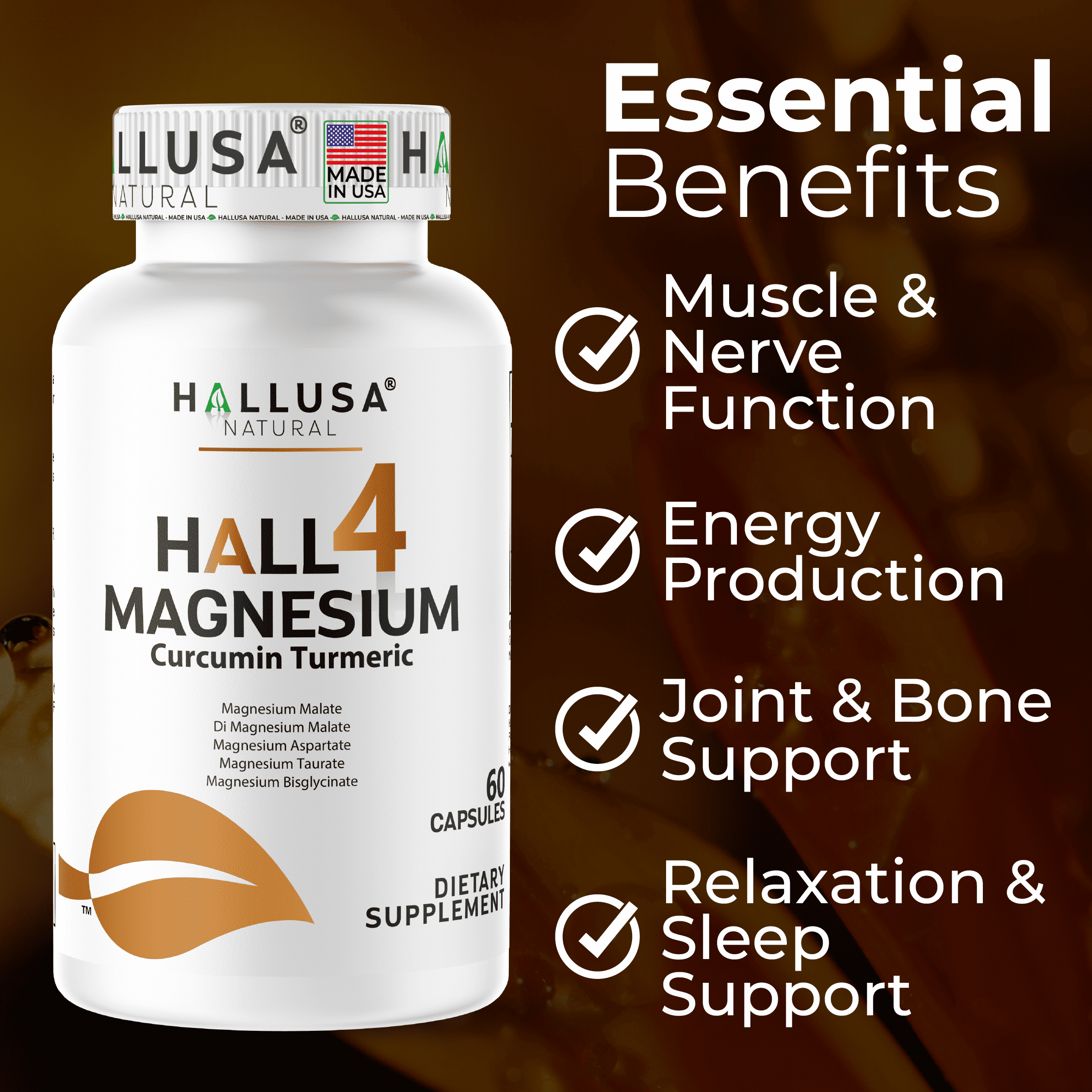 Hallusa Natural 4 Magnesium Complex + Curcumin Turmeric, Malate, Aspartate, Taurate, Bisglycinate - Energy, Muscle Function, Heart Health & Digestion - 60 capsules