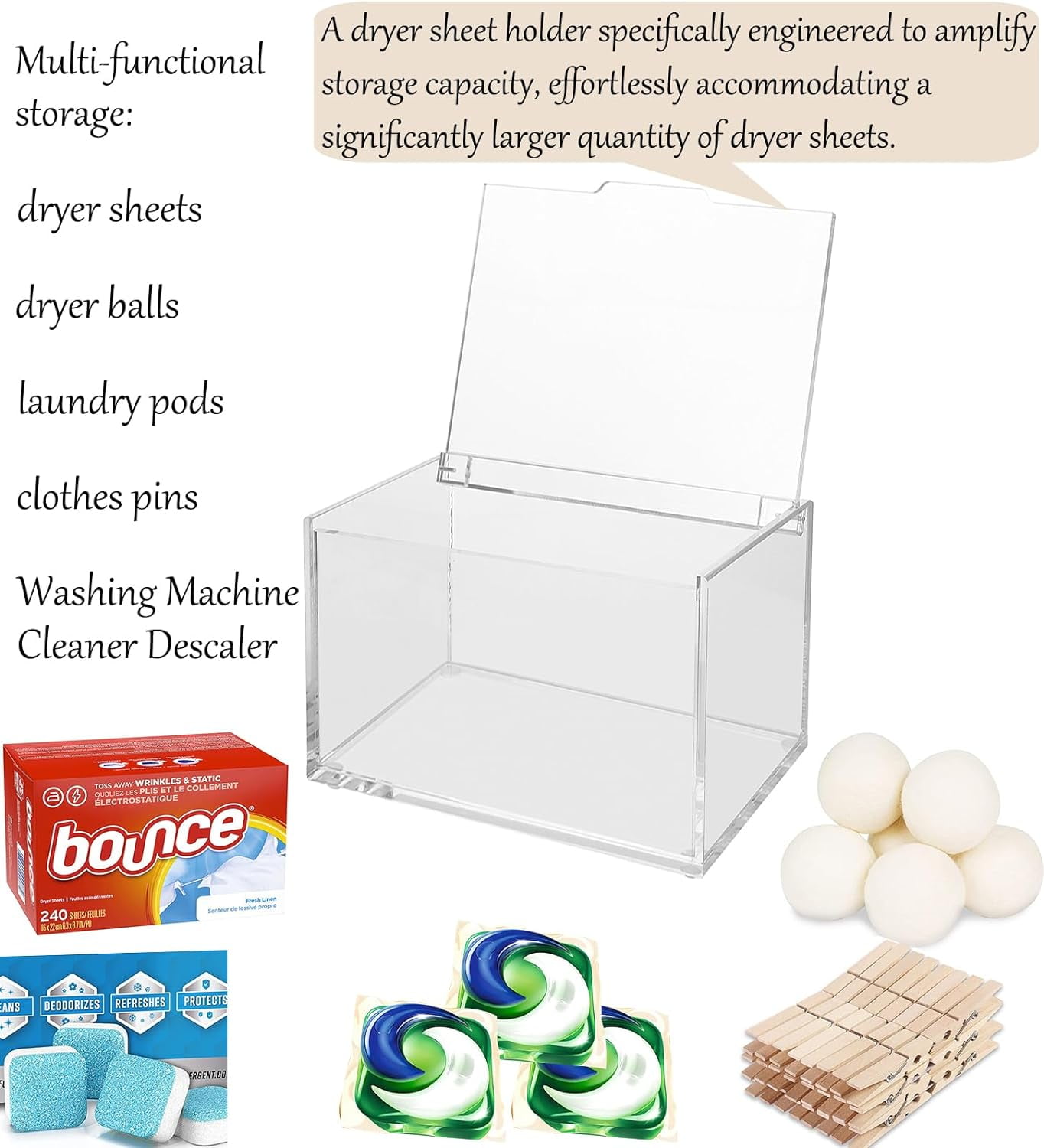 RGHJAR-Thick Acrylic Dryer Sheet Holder Clear Container for Laundry Room Organize and Storage, Dispenser for Dryer Sheets, Fabric Softener, Large