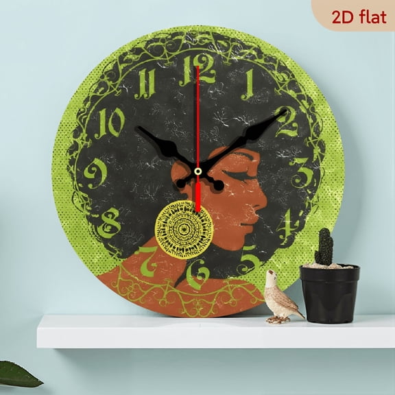 2D Flat 1pc 10Inch Wooden Large Wall Clocks, African American Woman Battery Operated Non Ticking Clock Silent Art Bedroom Kitchen Clock Atomic Analog Clocks Home Decor
