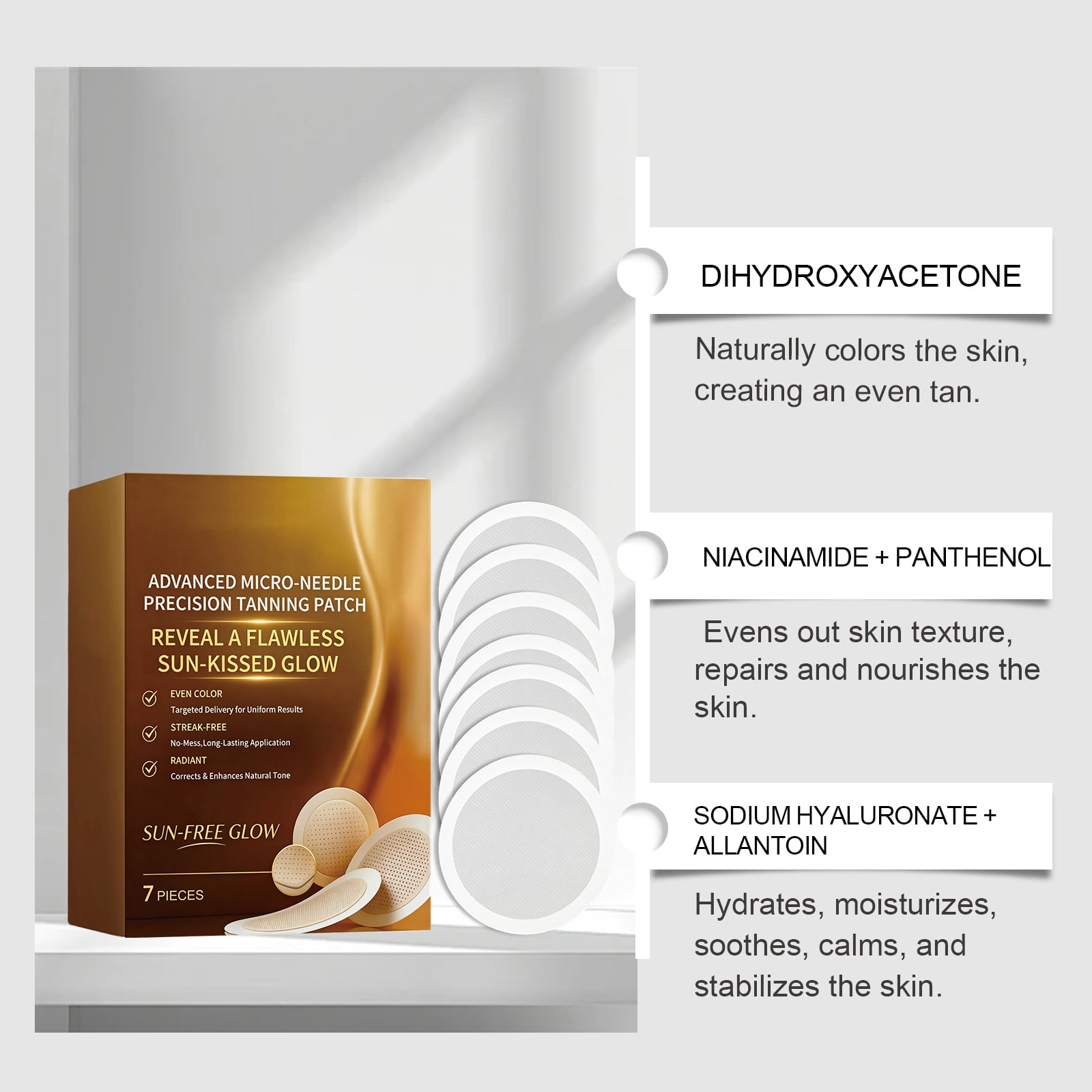 Sun-Free Micro-Needle Self Tanning Patches, Natural Bronze Glow, Hydrating, Streak-Free, Suitable for All Skin Types