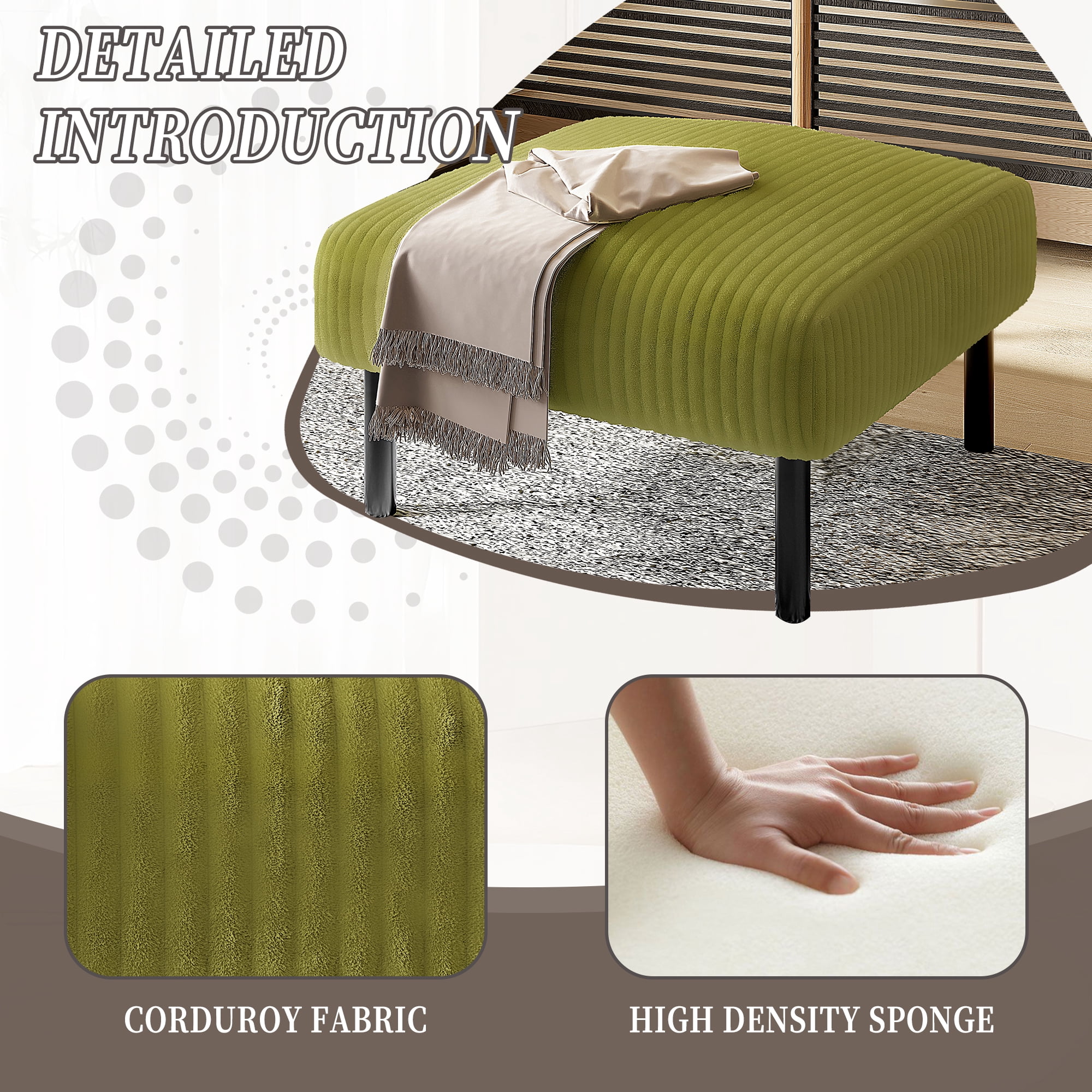 MOONMISS Corduroy Upholstered Mid-century Modern Square Wood Frame Ottoman with Soft Padded Seat-Olive Green