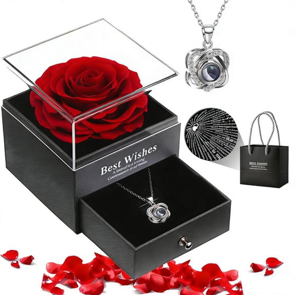 START MAKERS Rose in Gift Box - with "I Love You" in 100 Languages Necklace, Beautiful Home Decor, Forever Flower Gift for Wife, Mom, Girlfriend on Valentine's, Birthday, Anniversary, Mothe