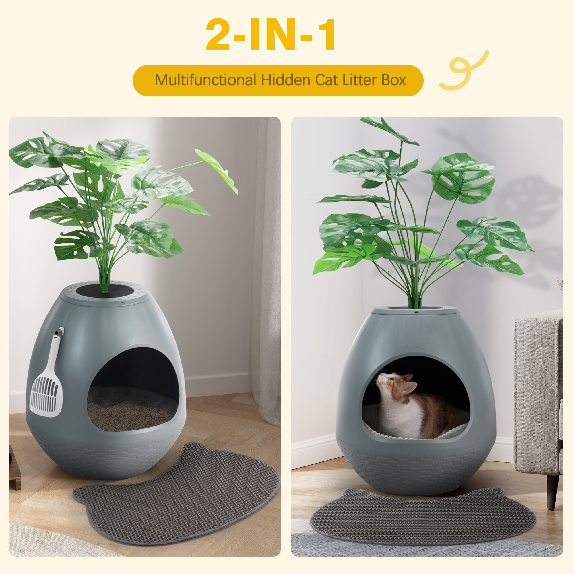 Jaxpety Large Smart Plant Litter Box with Deodorization System, Artificial Plants,5 Cat Litter Bags,Light,Cat Litter Mat,Scoop,Gray