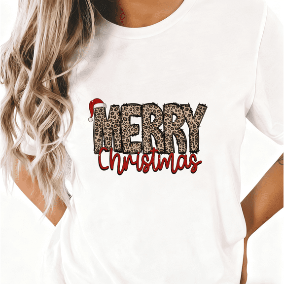 Women’s Leopard Merry Christmas Graphic T Shirt Holiday Tee Top S-5XL Black White