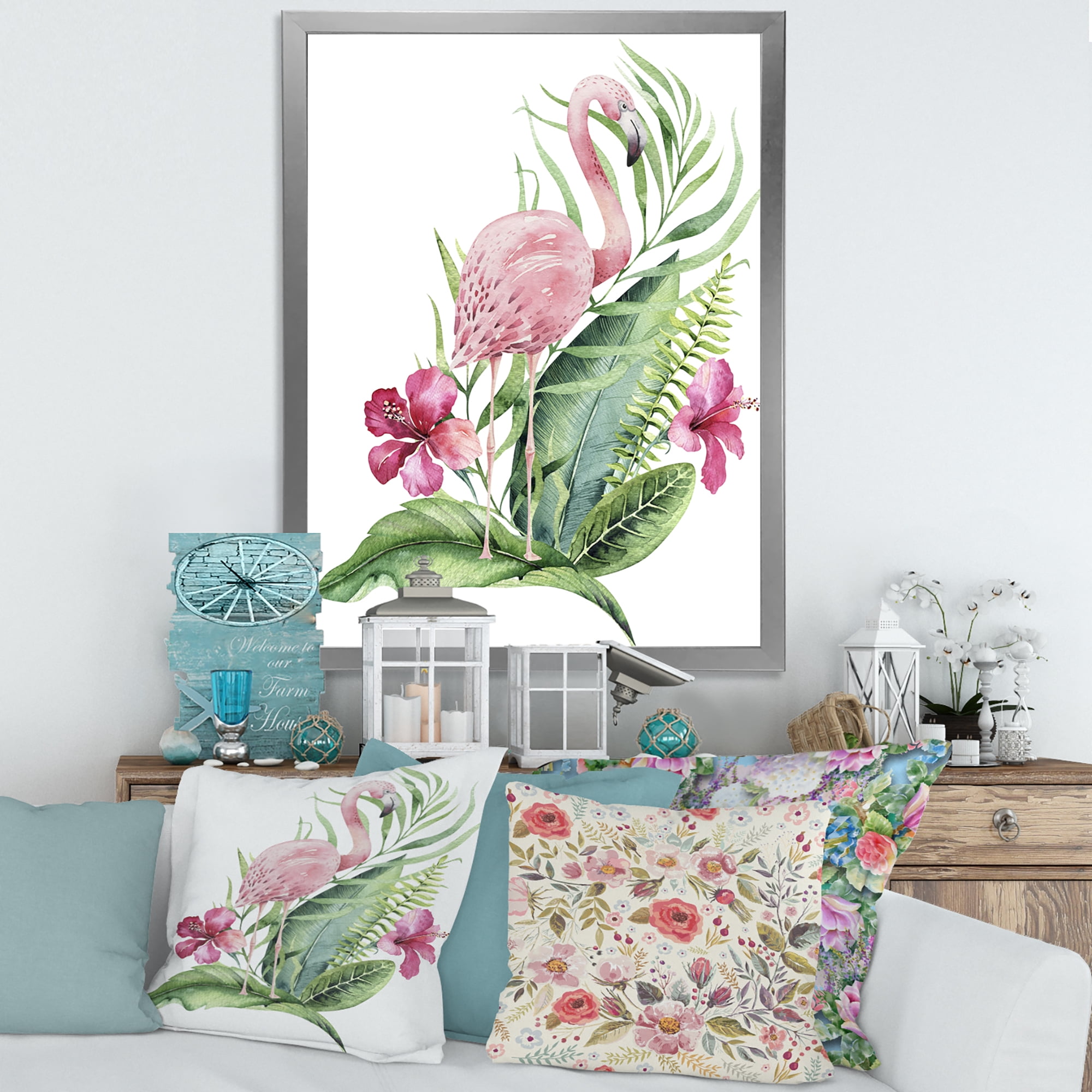 Designart 'Flamingo With Pink Flowers and Exotic Foliage' Traditional Framed Art Print