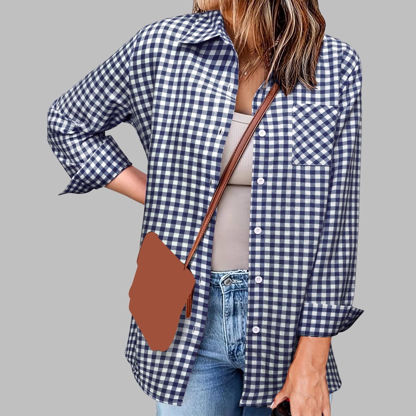 Chemise à carreaux et motifs brodés ajourés femme bleu