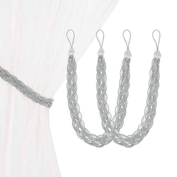 Uxcell 2-Set Curtain Tiebacks with Curtain Holdbacks, Braided Tie Backs W Black Metal Hooks for Home Window Drapery/Wall Decorative/Bedroom/Office/Nursery/Room/Hotel [Silver]