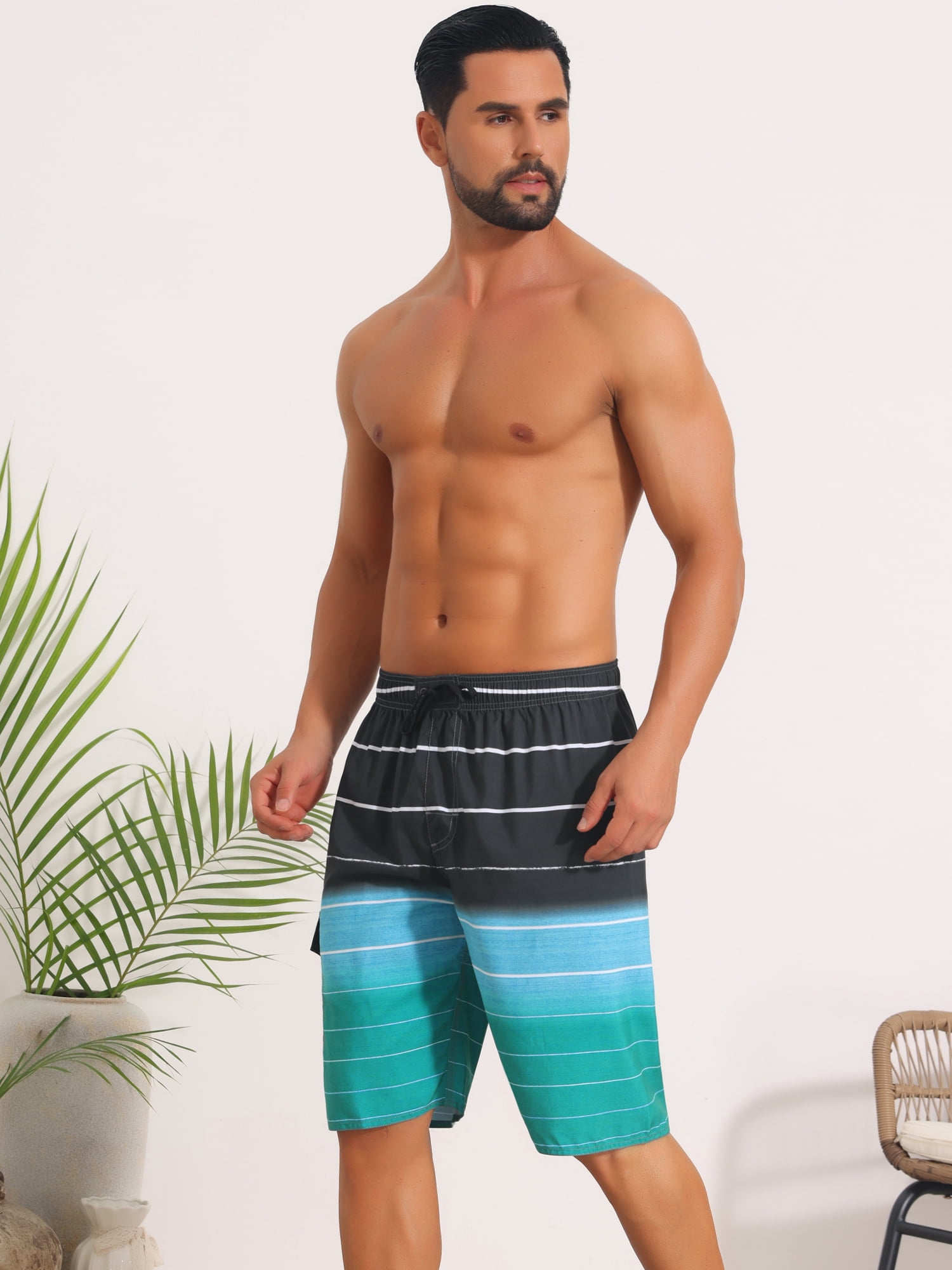 DARING DIVA Men's Striped Beach Drawstring Waist Board Shorts with Pockets 34 Black Green