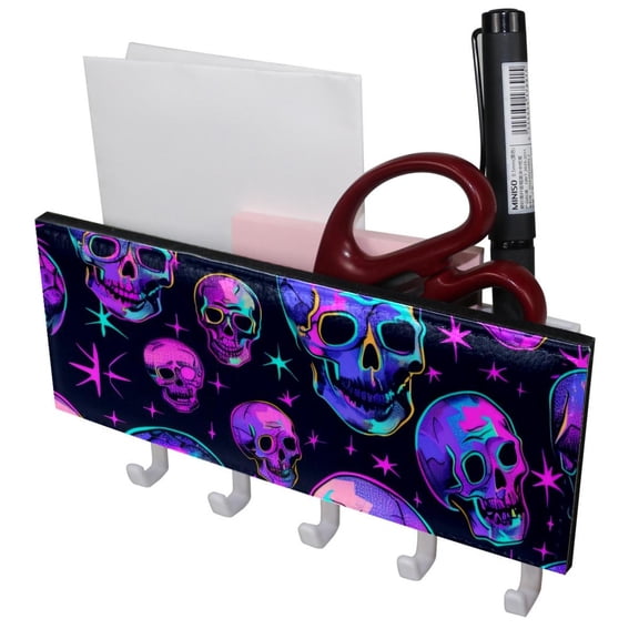 PhooArto Key Holder for Wall Decorative with 5 Key Hooks, Neon Purple Skull Pattern Holders Wall Mount Organizer with Mail Key Rack, Self Adhesive