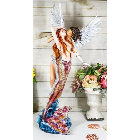 Large Goddess Mermaid Embracing With Heavenly Winged Angel By The Ocean Statue