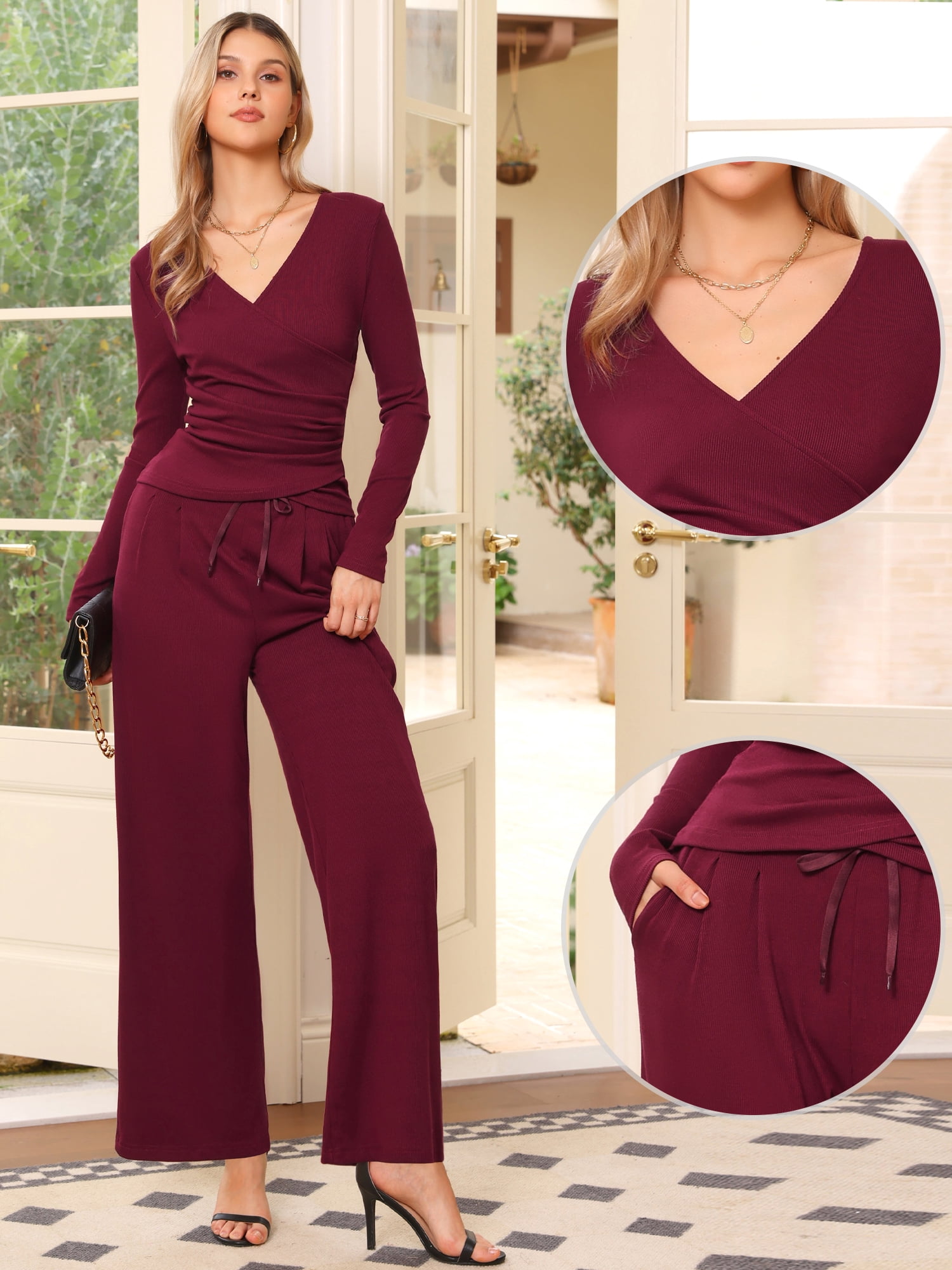 DARING DIVA Women's V Neck Drawstring Long Sleeve Wide Leg Casual Sets XS Burgundy