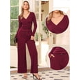 thumbnail image 2 of DARING DIVA Women's V Neck Drawstring Long Sleeve Wide Leg Casual Sets L Burgundy, 2 of 6