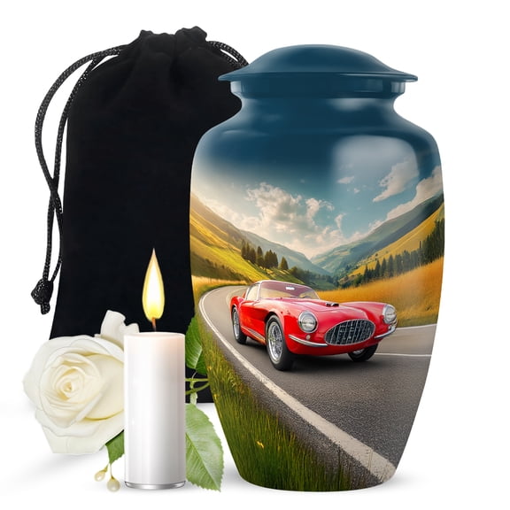 JAGASY Red Car Large Urn for Ashes Adult Male, Blue Urns for Human Ashes Keepsake, Mountain Grassy Landscape & Clouds Decorative Urns for Couple, Funeral Urn for Mom & Dad, (10 Inch)