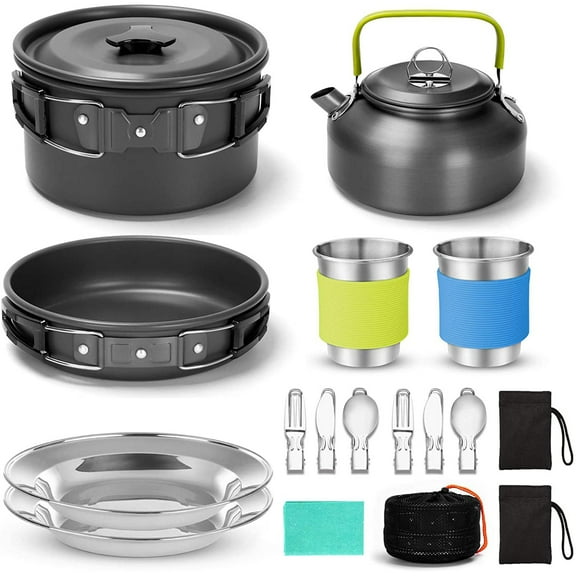 15 Pcs Camping Cookware Mess Kit, Camping Pots and Pans Cooking Set for Backpacking, Outdoor Cooking and Picnic