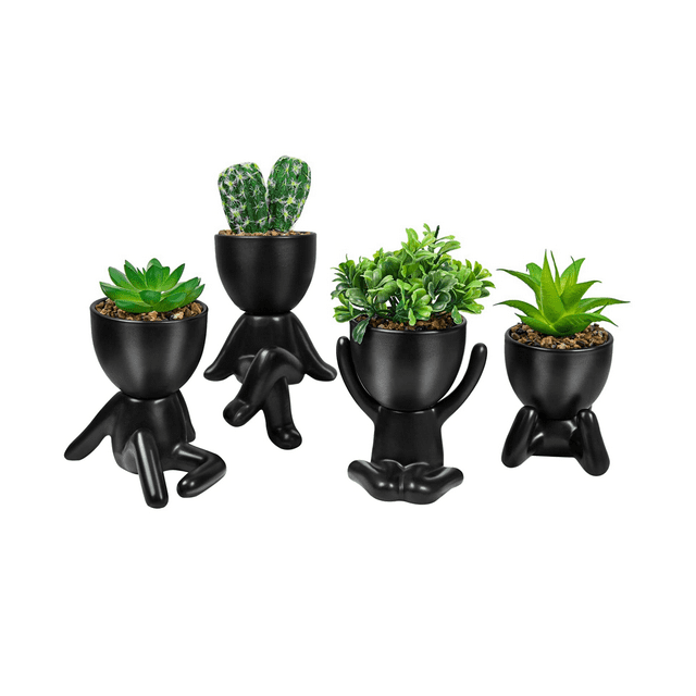 4PCS Artificial Succulent Planters, Mini Potted Ceramic Succulent Decor, Human Shaped Black Pots Small Pots
