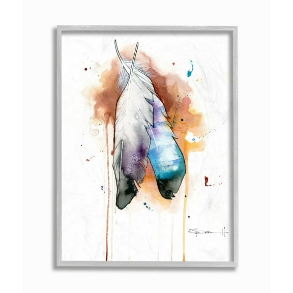 Stupell Industries Bird Feathers Abstract Watercolor Painting Gray Framed Art Print Wall Art, 16x20, by Sean Parnell