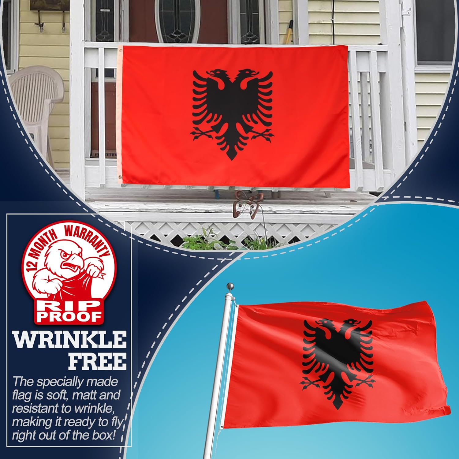 Anley Rip-Proof Double Sided 3-Ply Albania Flag 3x5 Foot - Albanian National Flags