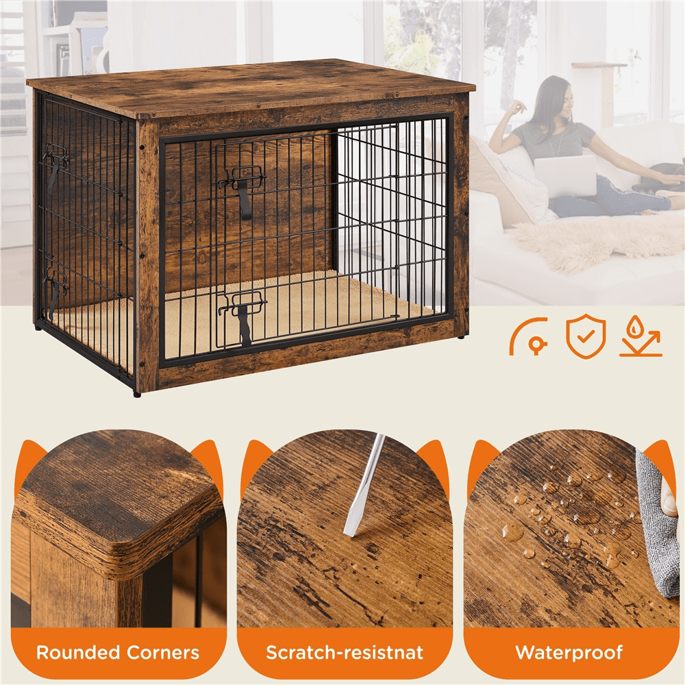 Yaheetech 37.8" W Industrial Dog Crate Furniture with Anti Skid Plush Mat, Rustic Brown