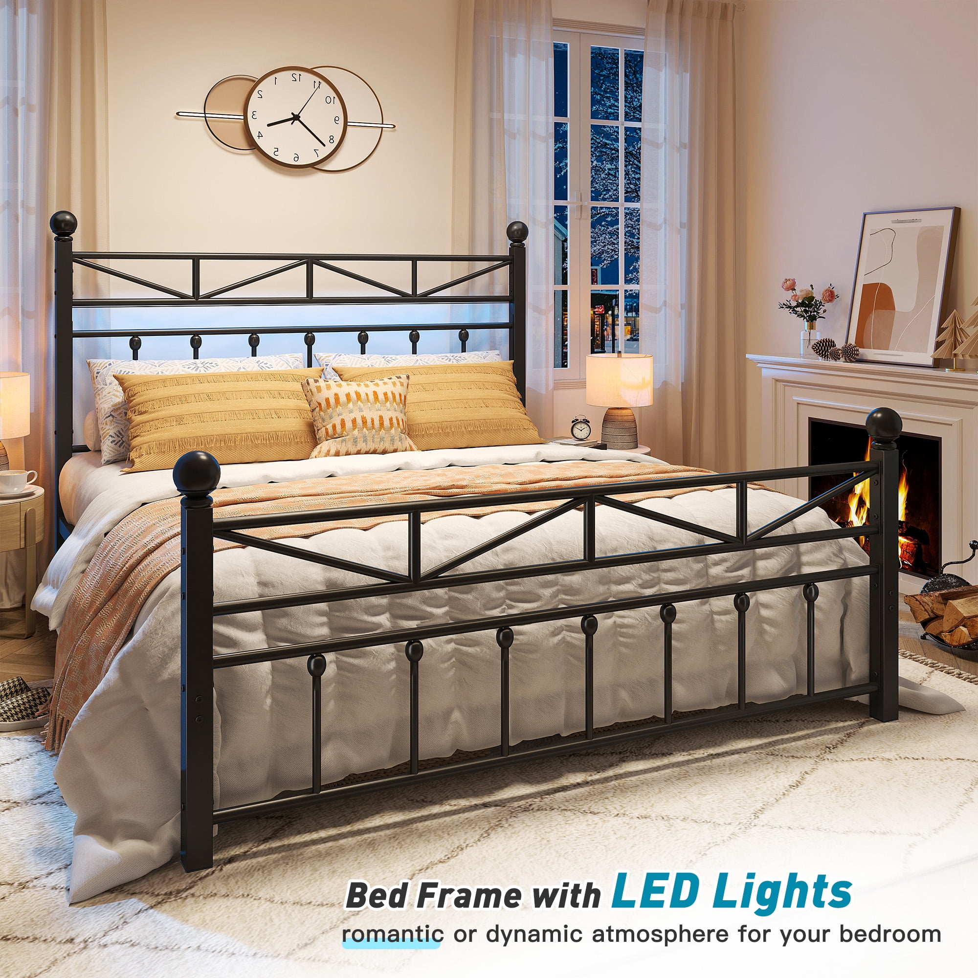 EnHomee Queen Size Metal Platform Bed Frame Metal Bed Frame Queen with Headboard & Footboard Bed Frame with LED Lights & Storage,Noise Free,Black