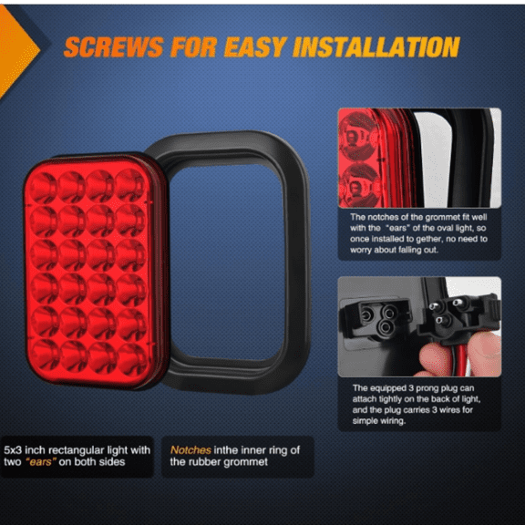 5” X 3” Rectangular Trailer Tail Light 4 PCS White Red 24LED Brake Turn Signal Reverse Lights w/Flush Mount Grommets Plugs