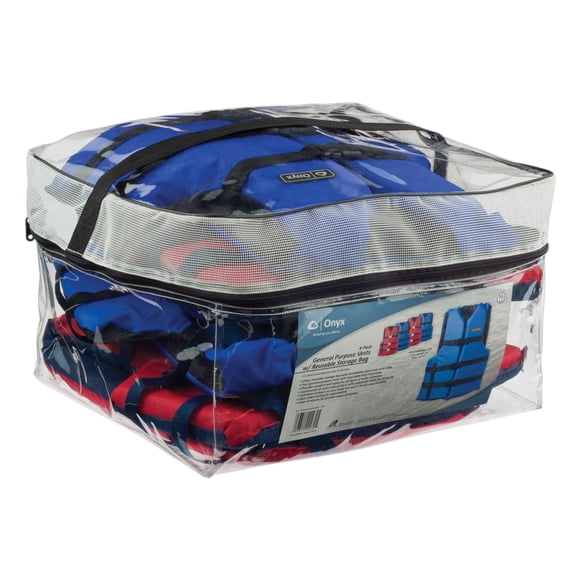 Onyx Veste de Sauvetage Polyvalente, Adulte Universelle (Lot de 4), Rouge - Bleu, Poitrine de 30-52 Pouces, Personnes de Plus de 90 Livres, Universelle