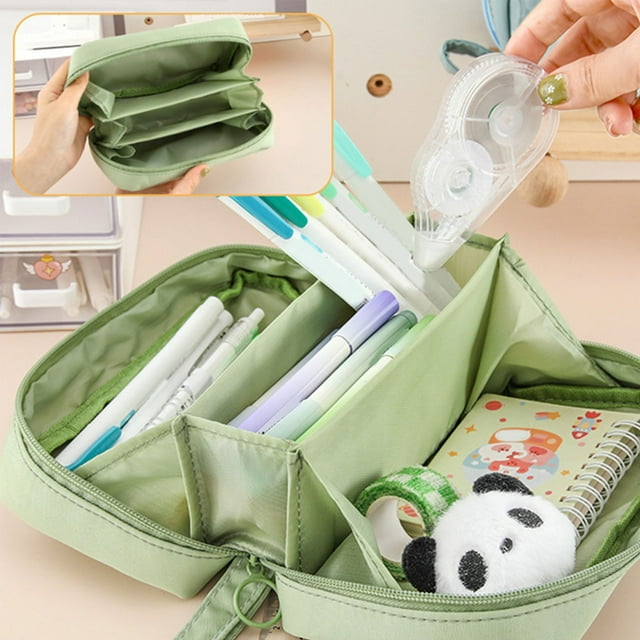shyuyusaMulti Function Storage Bag Multi Layer Pen Bag Green Color Portable Organizer for Stationery Cosmetics and Daily