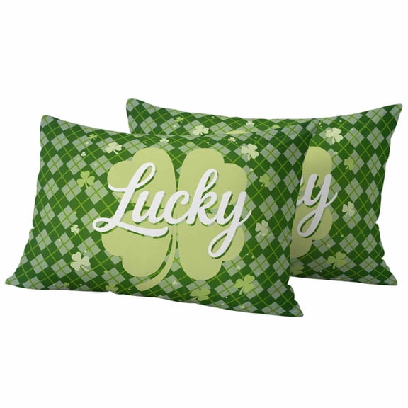 Lumbar Pillow Covers 12 x 20 Inches, St. Patrick's Day Waterproof Throw Pillow Cover Set of 2, Lucky Shamrock Green Plants Plaid Country Decorative Rectangle Cushion Covers for Patio/Tent/Garden