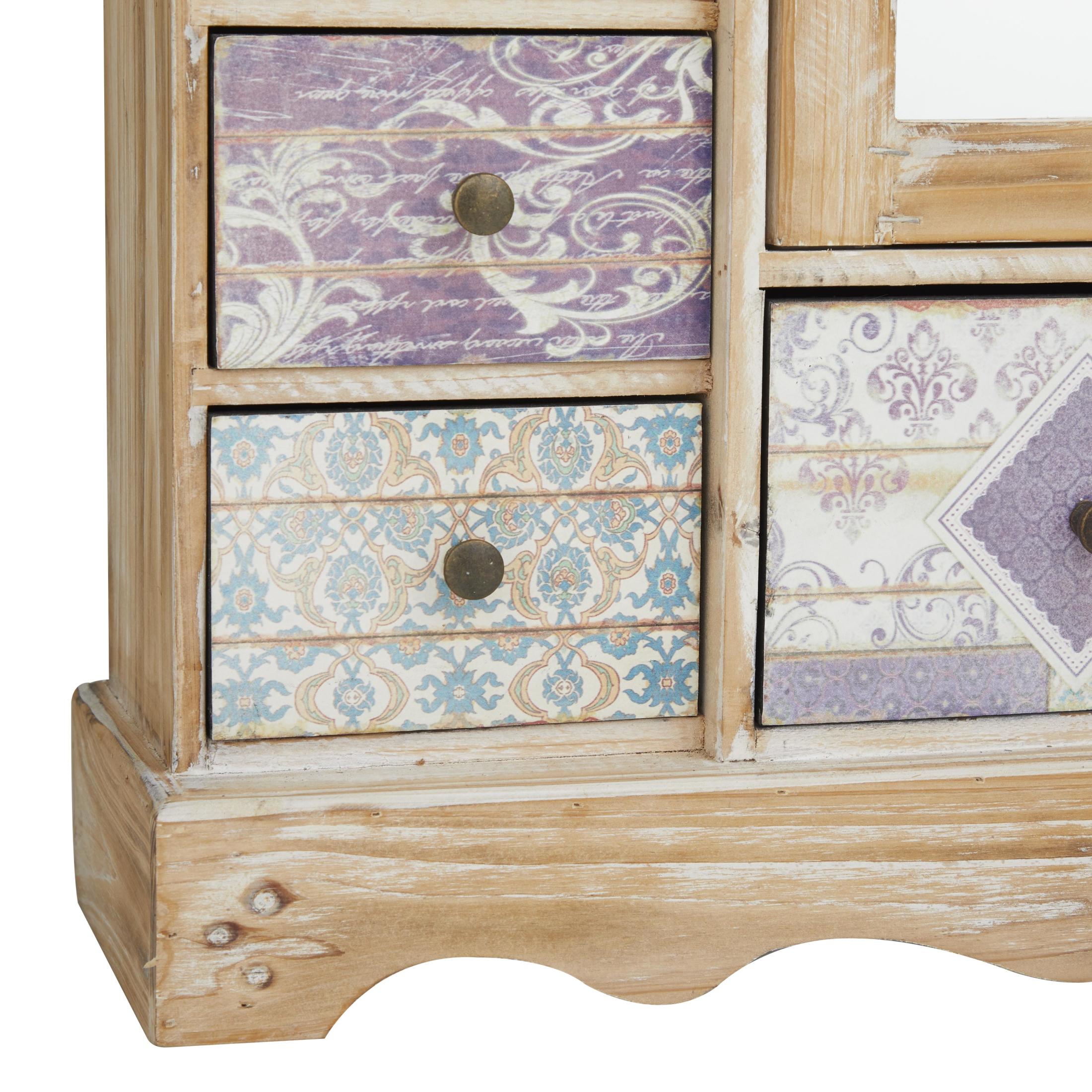 DecMode Scroll 7 Drawers Light Brown Wooden Decorative Jewelry Box with Patchwork Patterns