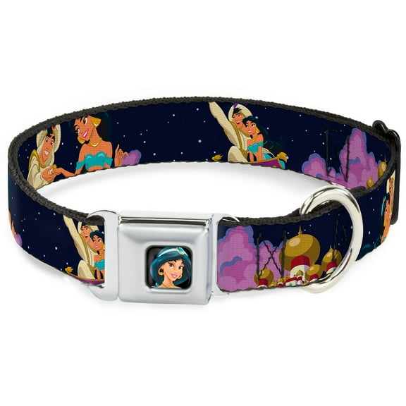 Disney Pet Collar, Dog Collar Metal Seatbelt Buckle, Aladdin Jasmine Magic Carpet Ride Scenes, 20 to 31 Inches 1.5 Inch Wide