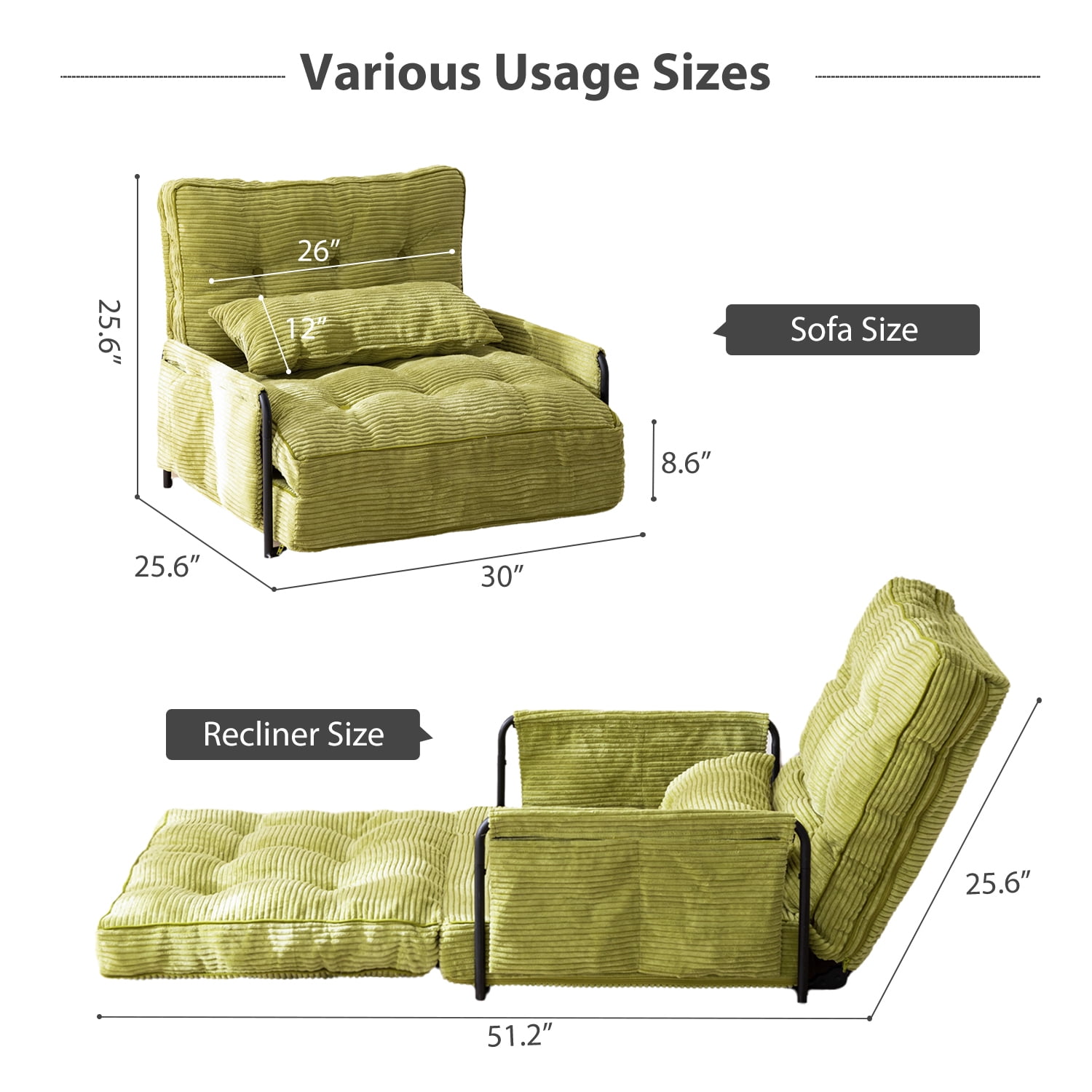 GOODONE Convertible Floor Sofa,Bean Bag Sofa with Pillows,Multifunctional Lazy Sofa with Pillows,Adult Reading Chair,Suitable for Bedroom or Living Room,Green,Single