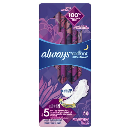 ALWAYS Radiant, Size 5, Extra Heavy Overnight Sanitary Pads With Wings, Scented, 18