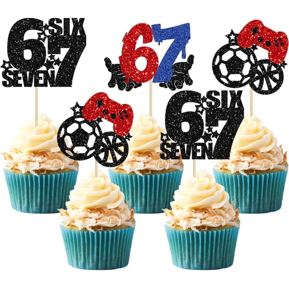 10Pcs Multicolor Glitter 6-7th Birthday Cupcake Toppers, Video Game Soccer Themed Cake Picks for 6-7 Years Old Party Supplies