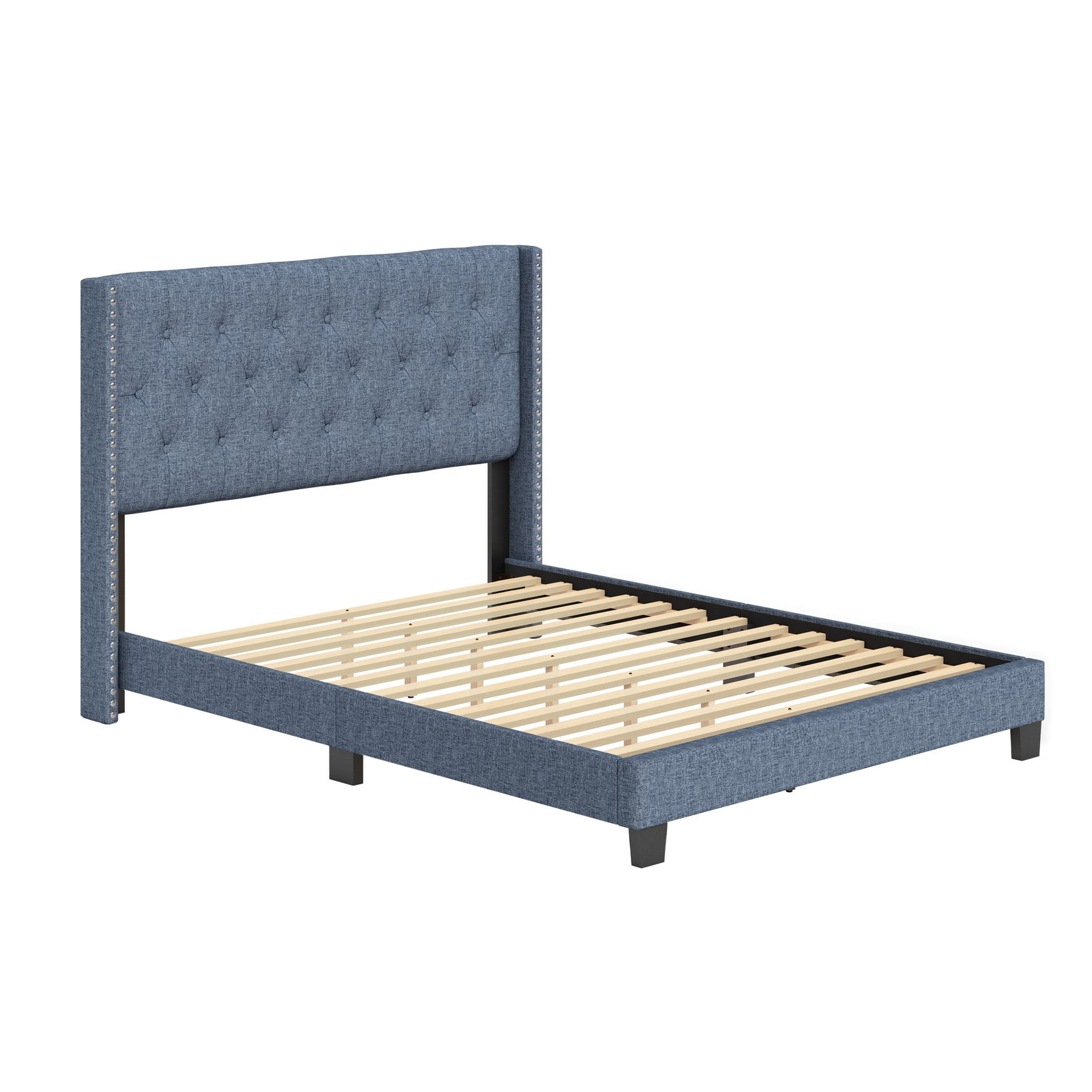 Boyd Sleep Mia Blue Linen King Size Fully Upholstered Platform Bed Frame with Tufted Headboard