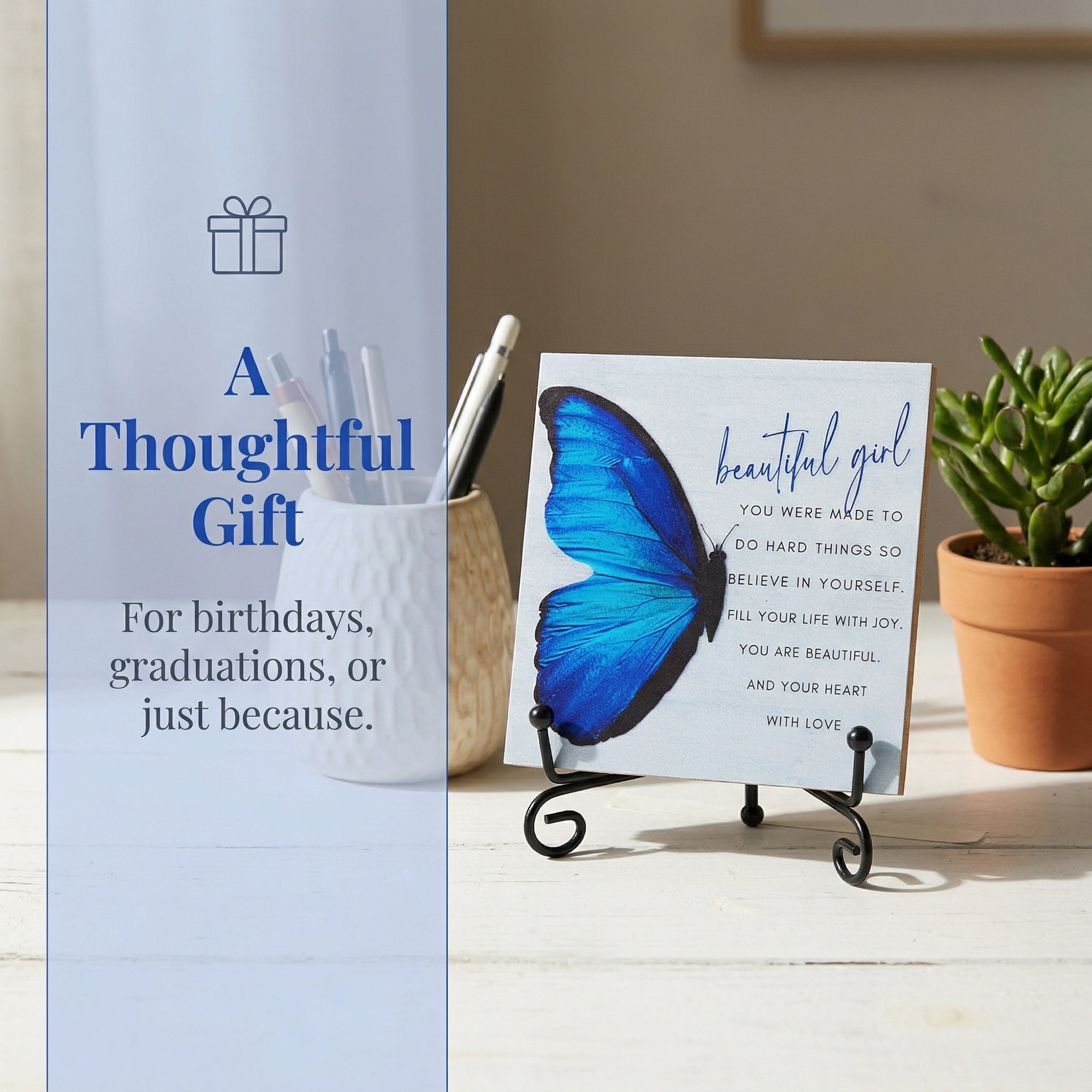 Unique Bargains Extra Stable Desk Sign Gift Square Keepsake Plaque Butterfly 3.9in
