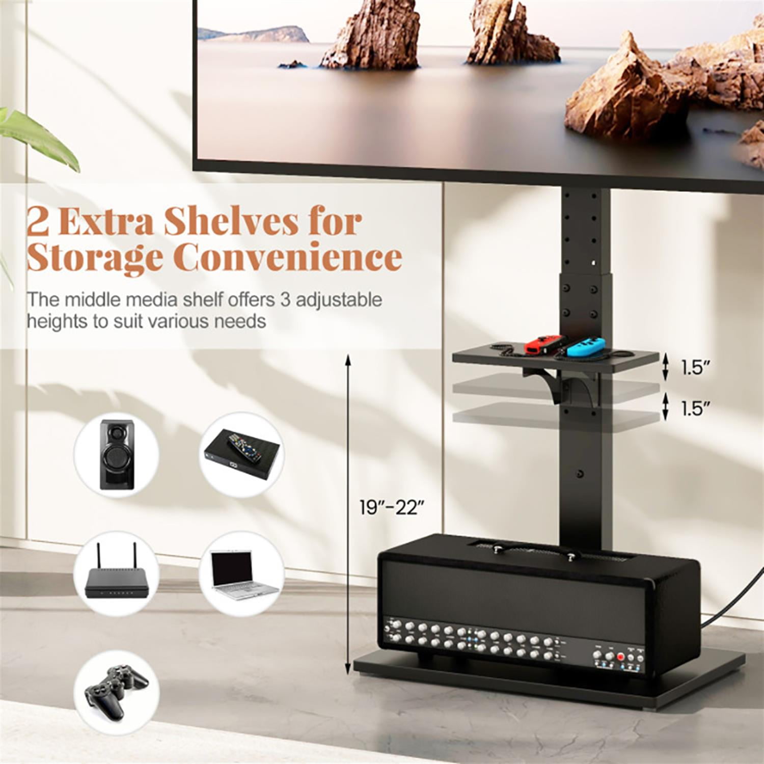 Demi Bonn Universal Tilt TV Stand Base with Height Adjustable Floor, Power Outlet and Adjustable AV Shelf, for Media Storage and Space Saving, Black