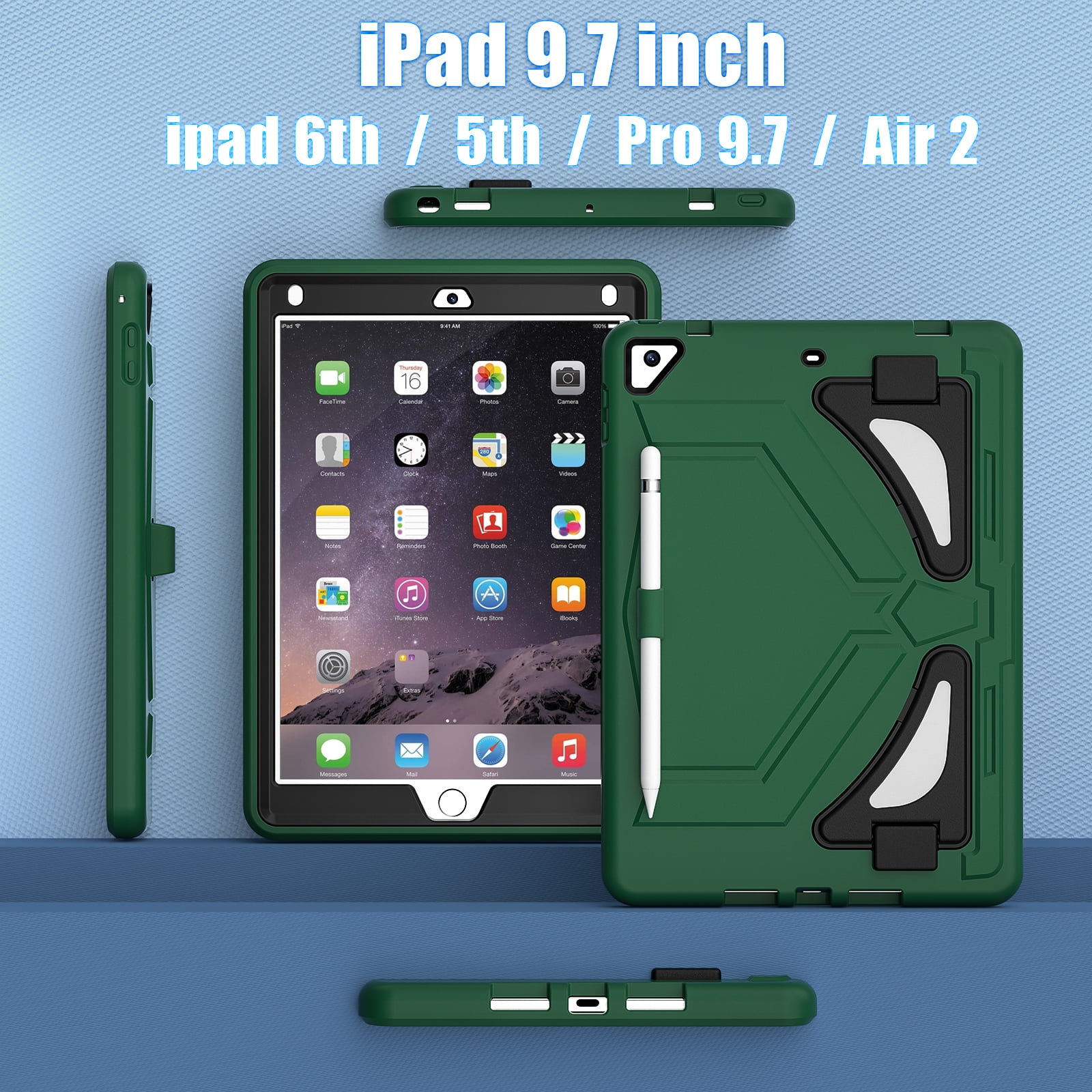 TECH CIRCLE Kids Case for iPad 9.7 2018/2017/iPad Air 2/Pro 9.7 with Pencil Holder,Shockproof Portable Handle Stand Protective Kids Case for iPad 9.7 Inch 6th Gen/5th Gen/Air 2/Pro 9.7",Green
