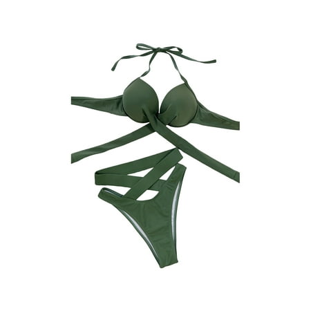 

Listenwind Women 2PCS Bikini Suit Plain Halter Tie-Up Push-Up Bra High Waist Hollow Triangle Panty Ladies Summer Beach Swimwear